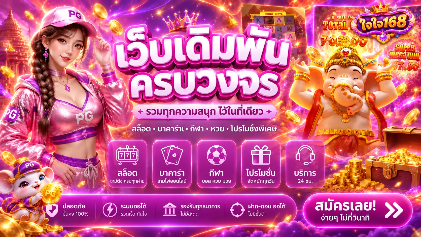 แบนเนอร์สล็อตออนไลน์ ใจใจ168 พร้อมตัวละคร PG Soft
